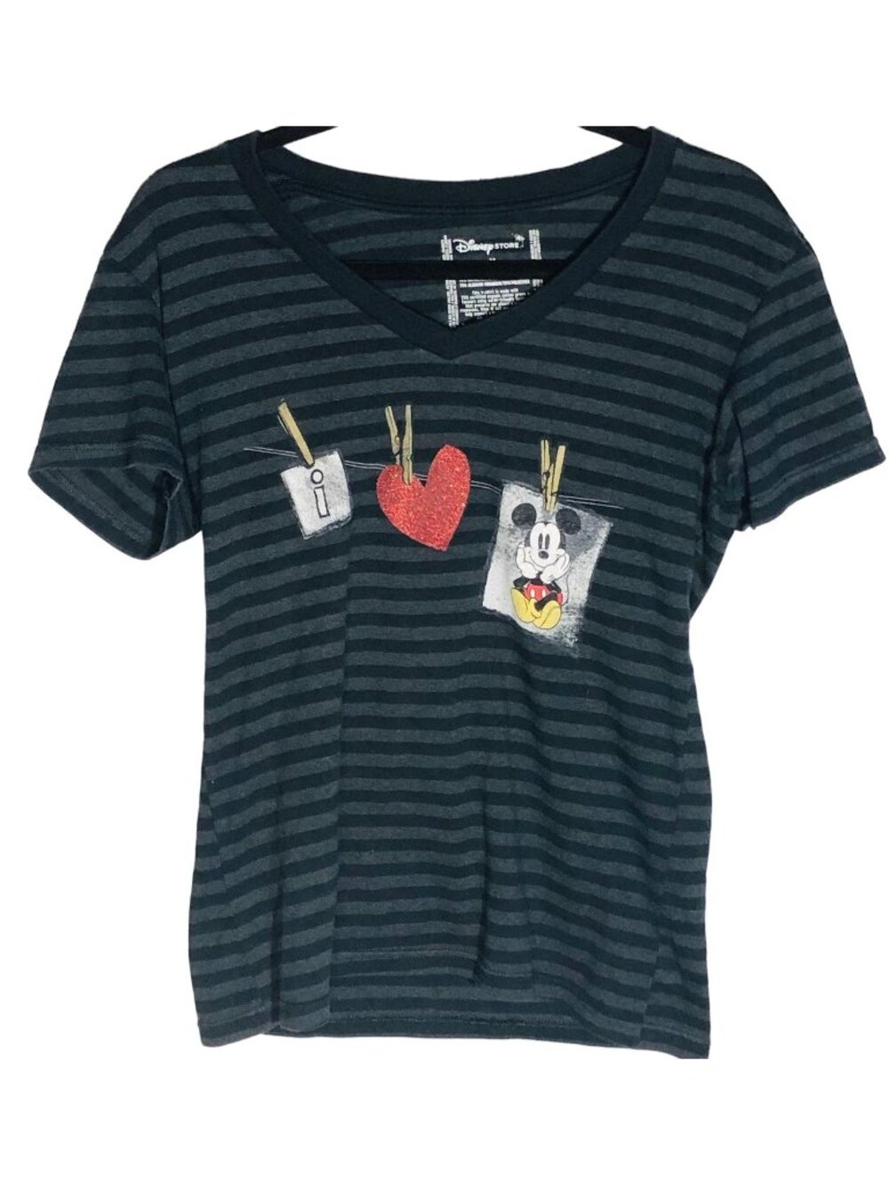 Disney store shirt short sleeve tee black stripped organic mickey medium READ